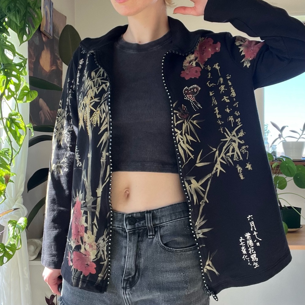 Y2K Cactus Black Bling Floral Bamboo Butterfly Print Lightweight Zip Up Jacket - Picture 10 of 10